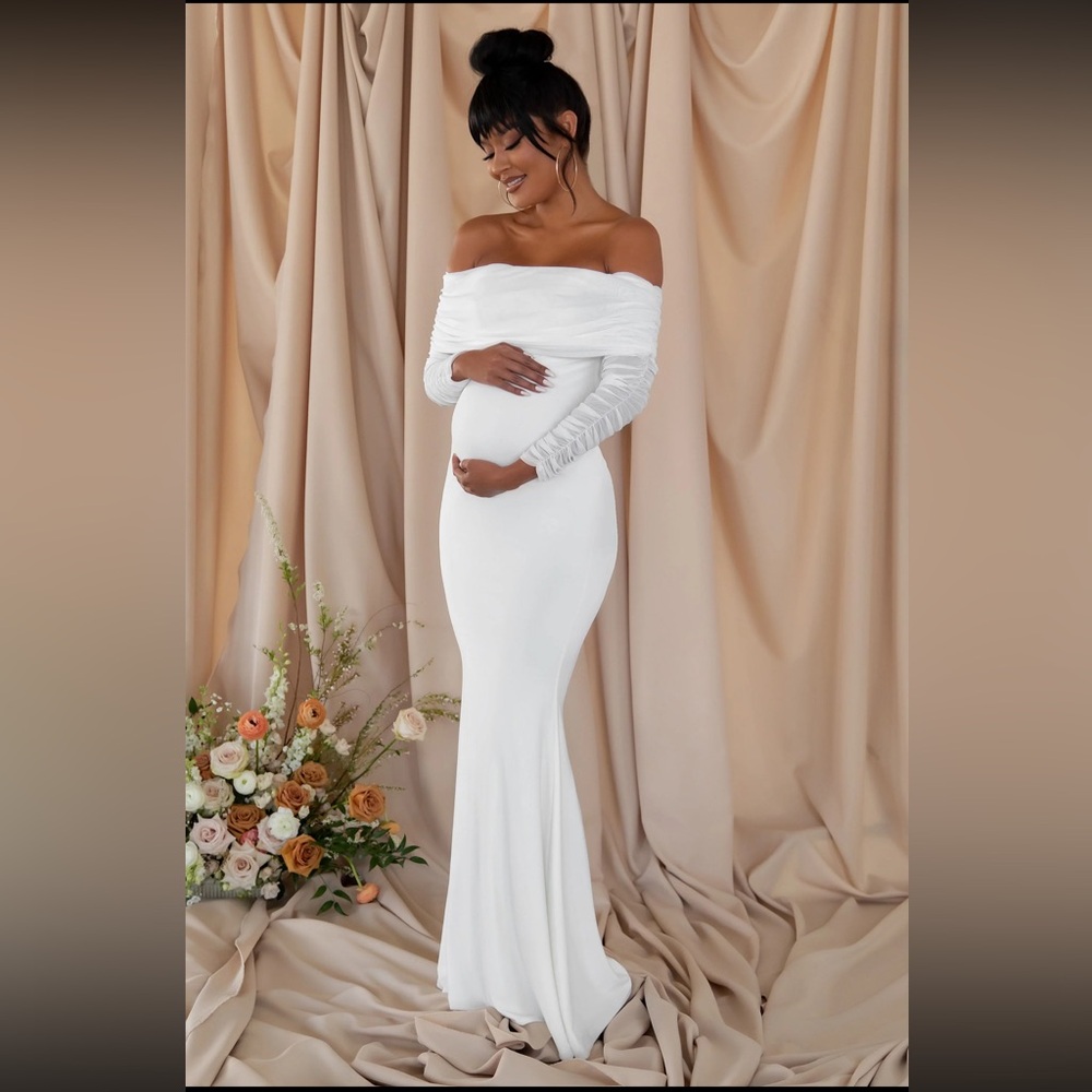 Club L London Pretty Perfect | White Maternity Ruched
Mesh Bardot Maxi Dress